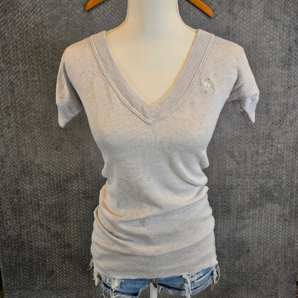 Abercrombie & Fitch Womens XS Gray Cotton Silk Modal V-Neck Short Sleeve Sweater